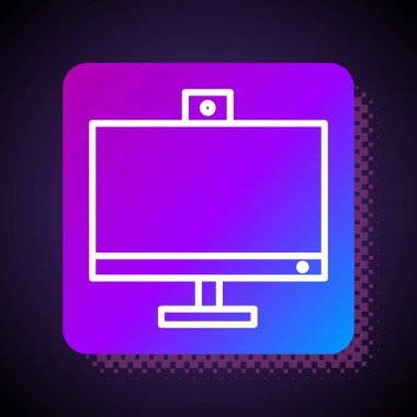 Beyaz çizgi bilgisayar monitörü simgesi siyah arkaplanda izole edildi. Bilgisayar bileşeni işareti. Kare renk düğmesi. Vektör İllüstrasyonu