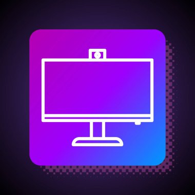 Beyaz çizgi bilgisayar monitörü simgesi siyah arkaplanda izole edildi. Bilgisayar bileşeni işareti. Kare renk düğmesi. Vektör İllüstrasyonu