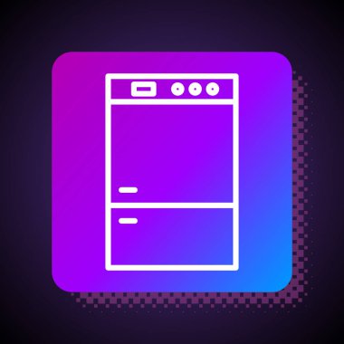 Beyaz çizgi buzdolabı simgesi siyah arkaplanda izole edildi. Buzdolabı buzdolabı. Ev aletleri ve aletler. Kare renk düğmesi. Vektör İllüstrasyonu