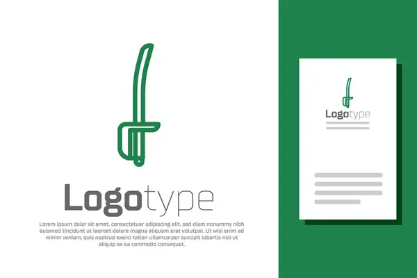 Línea verde Icono de espada pirata aislado sobre fondo blanco. Signo de sable. Elemento de plantilla de diseño de logotipo. Ilustración vectorial — Vector de stock