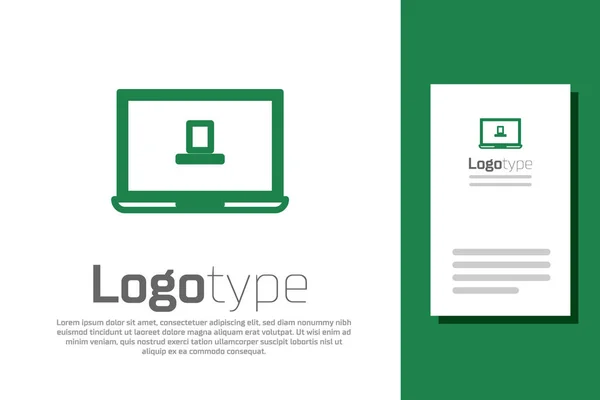 Zielona linia ikona Laptop izolowane na białym tle. Notatnik z pustym znakiem ekranu. Element szablonu logo. Ilustracja wektora — Wektor stockowy