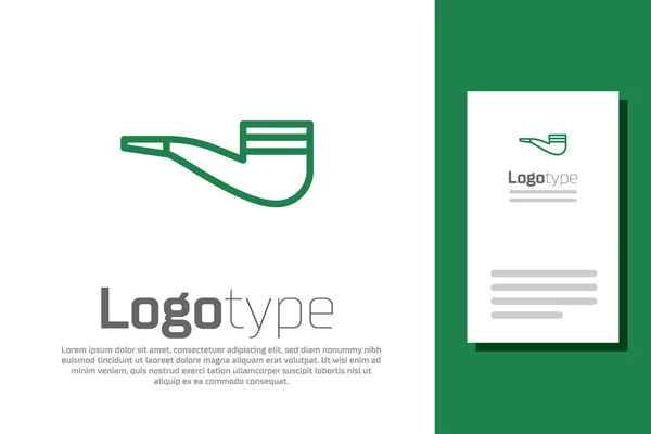 白い背景に煙のアイコンが隔離された緑のライン喫煙パイプ。タバコパイプ。ロゴデザインテンプレート要素。ベクターイラスト — ストックベクタ