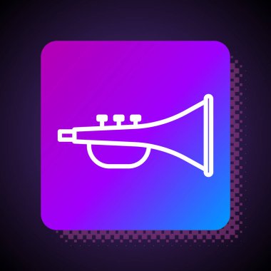 Beyaz çizgi müzik aleti trompet ikonu siyah arka planda izole edildi. Kare renk düğmesi. Vektör İllüstrasyonu