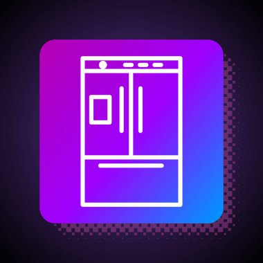 Beyaz çizgi buzdolabı simgesi siyah arkaplanda izole edildi. Buzdolabı buzdolabı. Ev aletleri ve aletler. Kare renk düğmesi. Vektör İllüstrasyonu