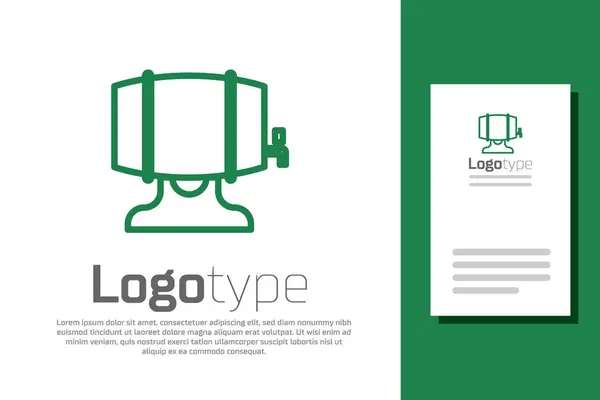 Linha verde Barril de madeira em rack com ícone de torneira isolado no fundo branco. Elemento de modelo de design de logotipo. Ilustração vetorial —  Vetores de Stock