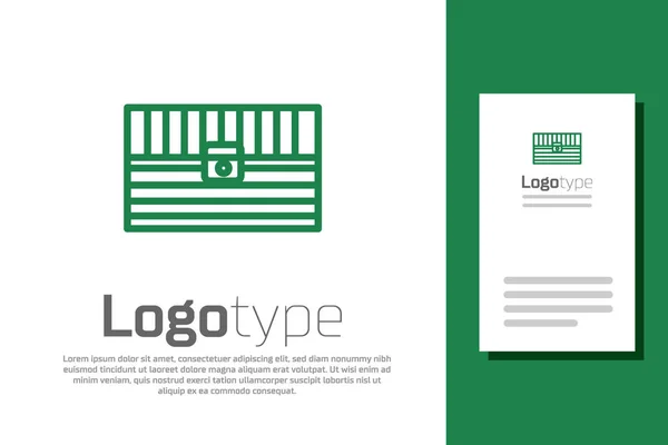 緑の線白の背景に隔離されたアンティーク宝箱のアイコン。黄金のコインとヴィンテージ木製の胸。ロゴデザインテンプレート要素。ベクターイラスト — ストックベクタ