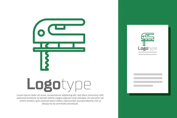 Linha verde serra elétrica com ícone de lâmina afiada de aço isolado no fundo branco. Ferramenta elétrica para madeira. Elemento de modelo de design de logotipo. Ilustração vetorial —  Vetores de Stock