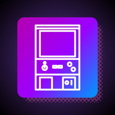 Beyaz çizgi Retro oyun makinesi simgesi siyah arkaplanda izole edildi. Kare renk düğmesi. Vektör İllüstrasyonu