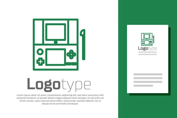Grüne Linie tragbare Videospielkonsole Symbol isoliert auf weißem Hintergrund. Gamepad-Zeichen. Spielkonzept. Logo Design Template-Element. Vektorillustration — Stockvektor