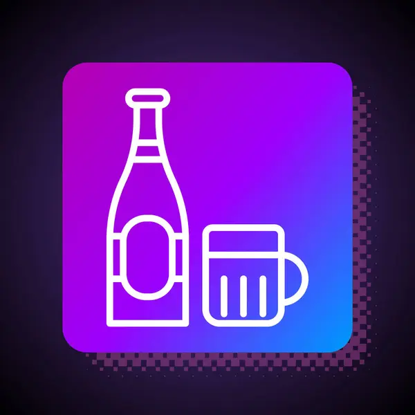 ブラックを基調としたホワイトラインのビールボトルとガラスのアイコン。アルコール飲料のシンボル。正方形の色ボタン。ベクターイラスト — ストックベクタ
