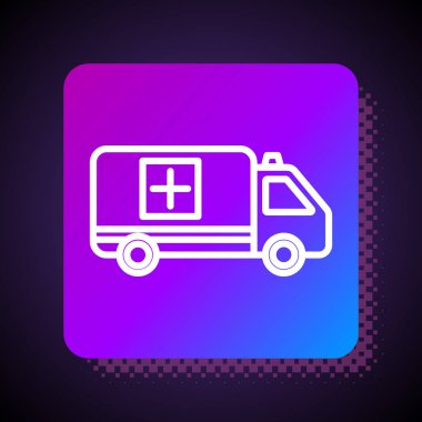 Beyaz hat ambulans ve acil durum arabası ikonu siyah arkaplanda izole edildi. Ambulans aracı tıbbi tahliye. Kare renk düğmesi. Vektör İllüstrasyonu