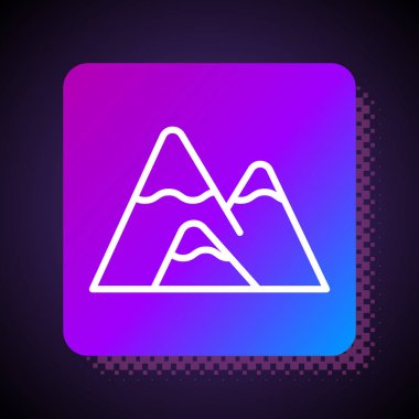 Beyaz çizgi dağ simgesi siyah arkaplanda izole edildi. Zaferin ya da başarının sembolü. Kare renk düğmesi. Vektör İllüstrasyonu