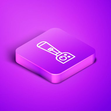 Mor arkaplanda izole edilmiş Isometric satır karıştırıcı simgesi. Mutfak elektrikli kırıcı ve kase. Meyve suyu, kokteyl ya da meyve suyu. Mor kare düğme. Vektör İllüstrasyonu