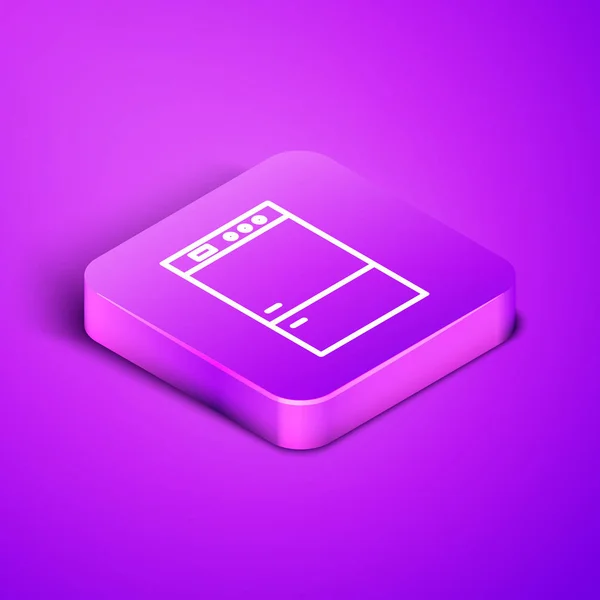 Isometric line Refrigerator icon isolated on purple background. Fridge freezer refrigerator. Household tech and appliances. Purple square button. Vector Illustration — 스톡 벡터