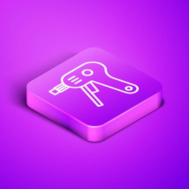 Isometric hattı elektrikli yapıştırıcı tabancası ikonu mor arkaplanda izole edildi. Sıcak tabanca yapıştırıcısı. Sıcak tamir aletleri silikon. Mor kare düğme. Vektör İllüstrasyonu