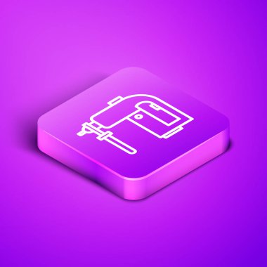 Mor zemin üzerinde izole edilmiş elektrikli döner çekiç matkabı ikonu. İnşaat, onarım ve onarım için kullanılan bir alet. Mor kare düğme. Vektör İllüstrasyonu