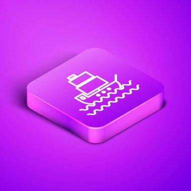 Mor arkaplanda izole edilmiş Isometric çizgi gemi simgesi. Mor kare düğme. Vektör İllüstrasyonu