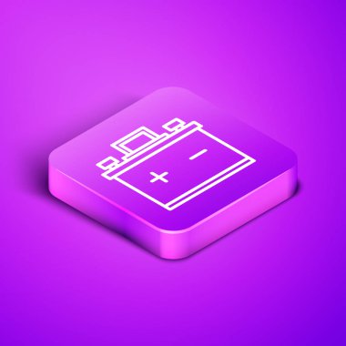 Mor arka planda izole edilmiş Isome hattı araba aküsü ikonu. Akümülatör bataryası enerji ve elektrik akümülatörü bataryası. Mor kare düğme. Vektör İllüstrasyonu