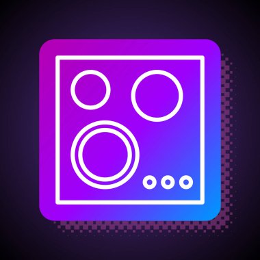 Siyah arkaplanda beyaz çizgi gazlı soba simgesi izole edildi. Mutfak tabelaları. Dört daire ocağı olan bir hob. Kare renk düğmesi. Vektör İllüstrasyonu