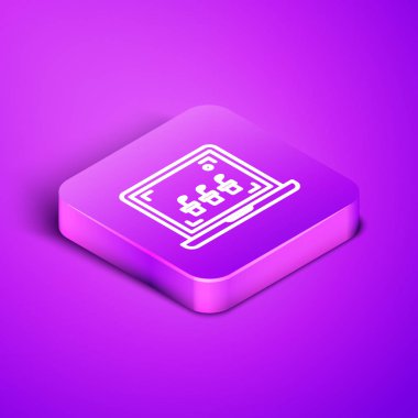 Isometric hattı Akıllı tarım teknolojisi - çiftlik otomasyon sistemi simgesi mor arka planda izole. Mor kare düğme. Vektör İllüstrasyonu