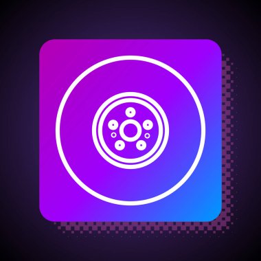 Siyah arkaplanda beyaz çizgi araba fren diski simgesi izole edildi. Kare renk düğmesi. Vektör İllüstrasyonu