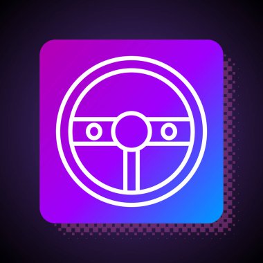 Beyaz çizgi direksiyon simgesi siyah arkaplanda izole edildi. Araba tekeri ikonu. Kare renk düğmesi. Vektör İllüstrasyonu