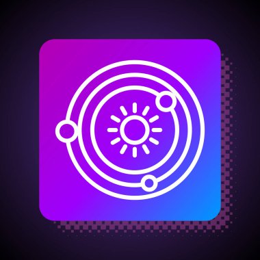 Beyaz çizgi güneş sistemi simgesi siyah arkaplanda izole edildi. Gezegenler yıldızın etrafında dönerler. Kare renk düğmesi. Vektör İllüstrasyonu