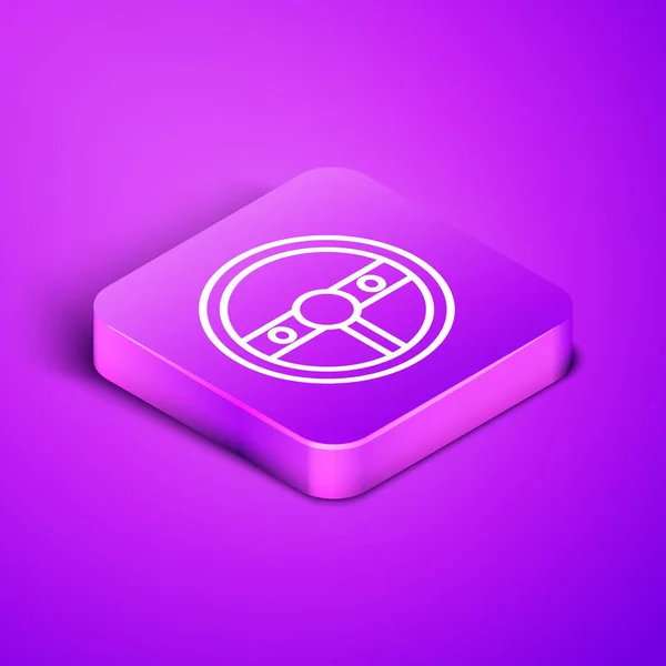 Isometric line Steering wheel icon isolated on purple background. Car wheel icon. Purple square button. Vector Illustration — 스톡 벡터