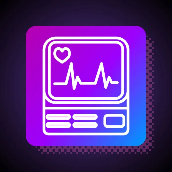 White line Computer monitor with cardiogram icon isolated on black background. Monitoring icon. ECG monitor with heart beat hand drawn. Square color button. Vector Illustration — 스톡 벡터
