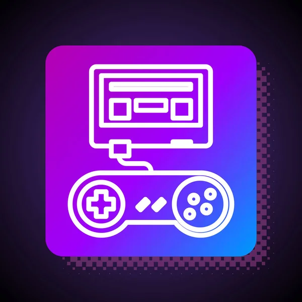 Línea blanca Videoconsola con icono de joystick aislado sobre fondo negro. Botón de color cuadrado. Ilustración vectorial — Archivo Imágenes Vectoriales