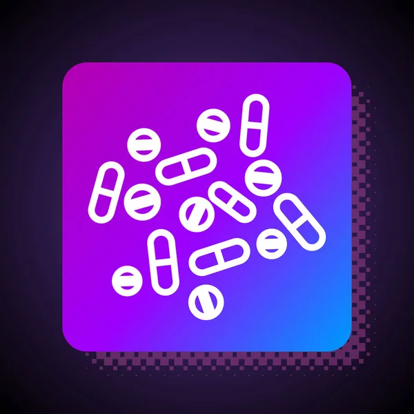 Línea blanca medicina píldora o tableta icono aislado sobre fondo negro. Cápsula de píldora y signo de drogas. Diseño de farmacia. Botón de color cuadrado. Ilustración vectorial — Vector de stock