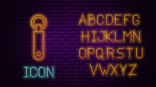 Glowing neon line Bottle opener icon isolated on brick wall background. Neon light alphabet. Vector Illustration — Stock Vector