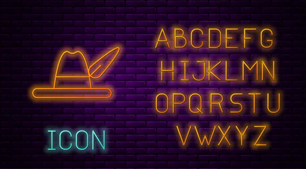 Glowing neon line Oktoberfest hat icon isolated on brick wall background. Hunter hat with feather. German hat. Neon light alphabet. Vector Illustration — 스톡 벡터