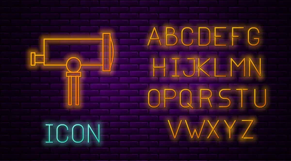 Leuchtende Leuchtlinien-Teleskop-Symbol isoliert auf Backsteinwand Hintergrund. wissenschaftliches Werkzeug. Bildung und Astronomie-Element, Spione und Studiensterne. Neonlicht-Alphabet. Vektorillustration — Stockvektor