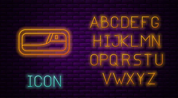 Glowing neon line Car door handle icon isolated on brick wall background. Neon light alphabet. Vector Illustration — 스톡 벡터