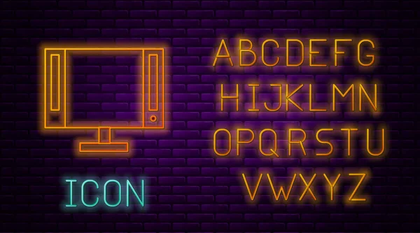 Glowing neon line Smart Tv icon isolated on brick wall background. Television sign. Neon light alphabet. Vector Illustration — 스톡 벡터