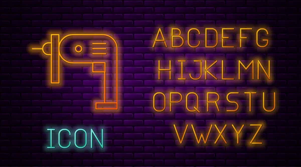 Gloeiende neon lijn Elektrische boor machine pictogram geïsoleerd op baksteen muur achtergrond. Reparatie gereedschap. Neon licht alfabet. Vector Illustratie — Stockvector