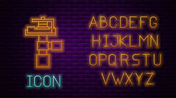 Linha de néon brilhante Ícone de aspersores de irrigação automática isolado no fundo da parede de tijolo. Equipamento de rega. Elemento jardim. Ícone de pistola de pulverização. Alfabeto claro de néon. Ilustração vetorial —  Vetores de Stock