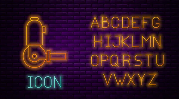 Gloeiende neon lijn Hoekfrees pictogram geïsoleerd op baksteen muur achtergrond. Neon licht alfabet. Vector Illustratie — Stockvector