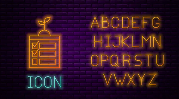 Linha de néon brilhante Tecnologia de agricultura inteligente sistema de automação de fazenda temporizador no ícone do aplicativo isolado no fundo da parede de tijolo. Alfabeto claro de néon. Ilustração vetorial —  Vetores de Stock