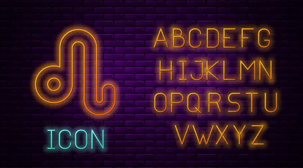 Gloeiende neon lijn Leo dierenriem teken pictogram geïsoleerd op baksteen muur achtergrond. Astrologische horoscoop collectie. Neon licht alfabet. Vector Illustratie — Stockvector