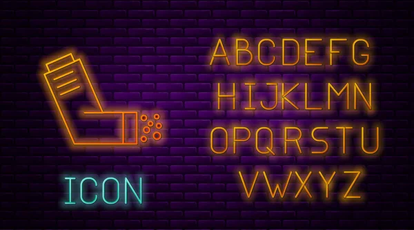 Ligne lumineuse néon Icône inhalateur sur fond de mur de briques. Respirez pour soulager la toux, inhalation, patient allergique. Allergie médicale inhalateur d'asthme pulvérisation. Alphabet néon. Illustration vectorielle — Image vectorielle