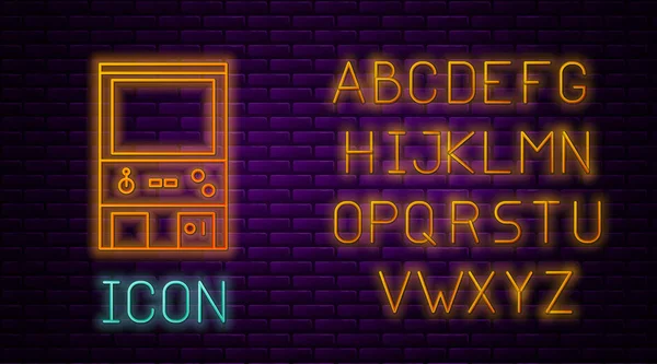 Leuchtende Neon Line Retro-Arcade-Spielautomat-Symbol isoliert auf Backstein-Wand-Hintergrund. Neonlicht-Alphabet. Vektorillustration — Stockvektor