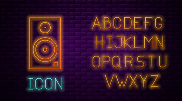 Linha de néon brilhante ícone alto-falante estéreo isolado no fundo da parede de tijolo. Alto-falantes do sistema de som. Ícone musical. Coluna musical equipamento de graves alto-falante. Alfabeto claro de néon. Ilustração vetorial —  Vetores de Stock