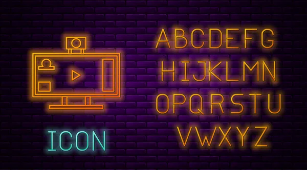 Leuchtende Neon-Line-Live-Streaming-Online-Videospiel spielen Symbol isoliert auf Ziegelwand Hintergrund. Neonlicht-Alphabet. Vektorillustration — Stockvektor