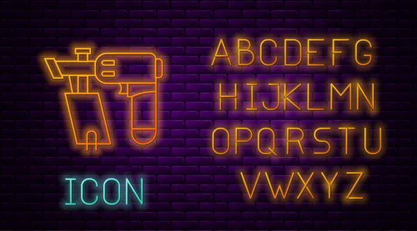 Glowing neon line Nail gun icon isolated on brick wall background. Neon light alphabet. Vector Illustration — Stock Vector