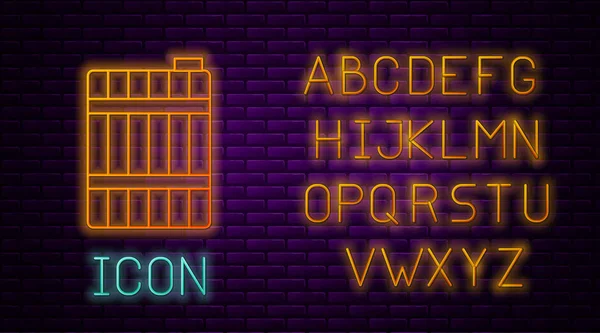 Gloeiende neon lijn Houten vat pictogram geïsoleerd op bakstenen muur achtergrond. Alcoholvat, drinkbak, houten vat voor bier, whisky, wijn. Neon licht alfabet. Vector Illustratie — Stockvector