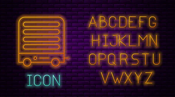 Сяюча неонова лінія Піктограма електричного нагрівача ізольована на фоні цегляної стіни. Інфрачервоний нагрівач підлоги з дистанційним керуванням. Контроль клімату будинку. Неоновий легкий алфавіт. Векторна ілюстрація — стоковий вектор