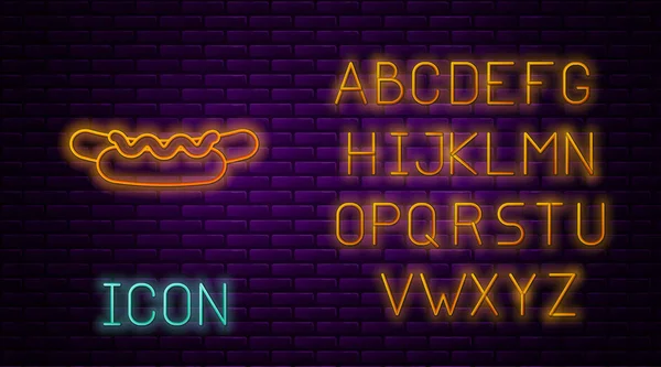 Leuchtende Neon-Line Hotdog-Sandwich mit Senf-Symbol isoliert auf Backsteinwand Hintergrund. Wurst Ikone. Fast-Food-Menü. Neonlicht-Alphabet. Vektorillustration — Stockvektor