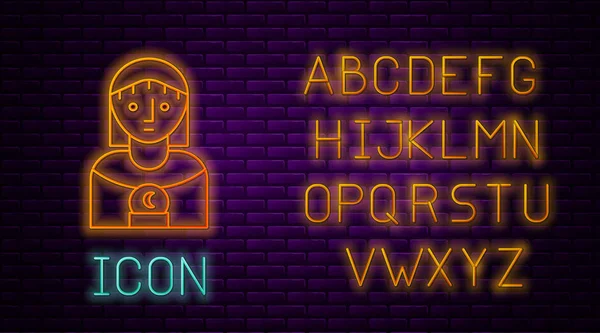 பிரகாசமான நியோன் வரி ஜோதிட பெண் சின்னம் செங்கல் சுவர் பின்னணியில் தனிமைப்படுத்தப்பட்டுள்ளது. நியோன் ஒளி எழுத்துக்கள். வெக்டார் விளக்கம் — ஸ்டாக் வெக்டார்